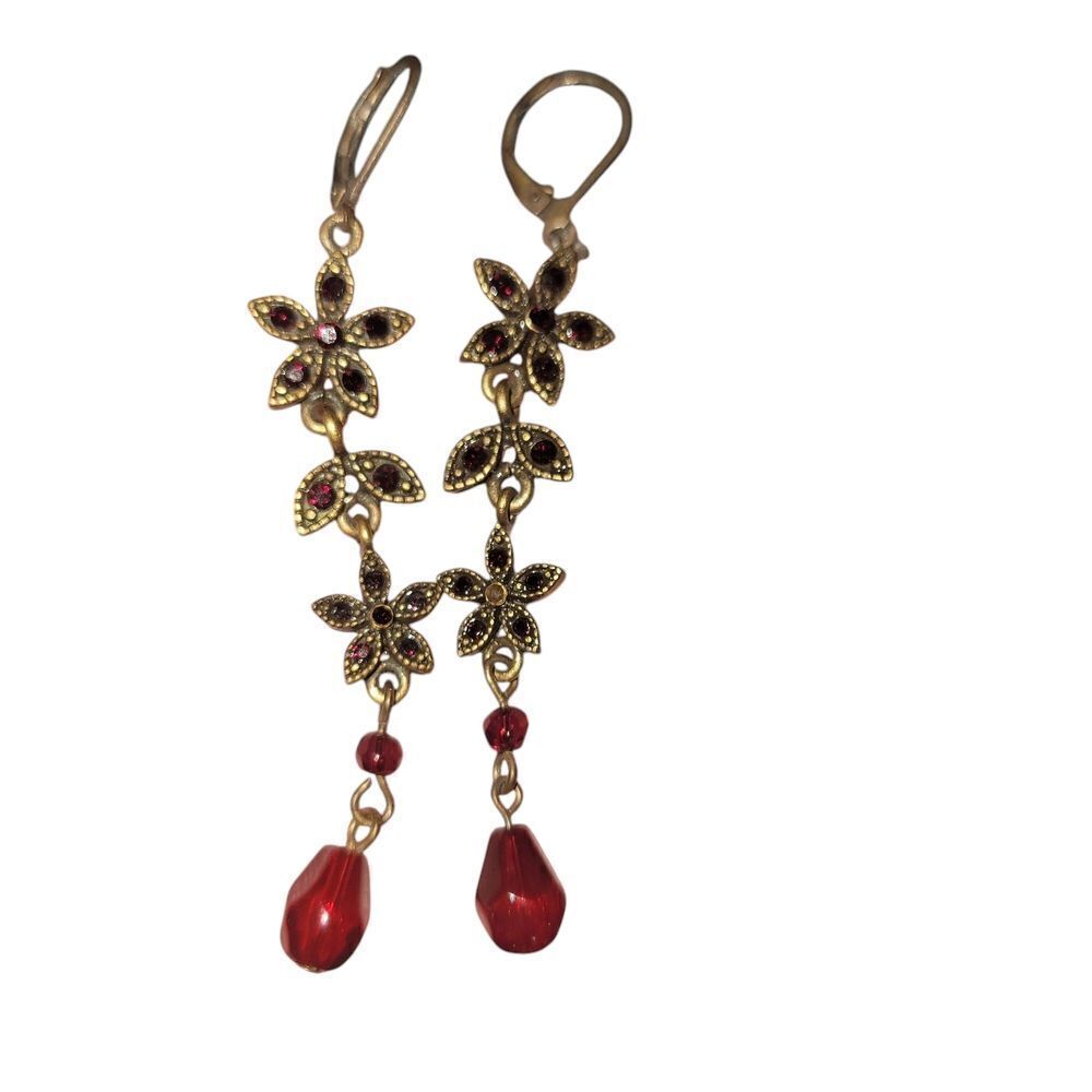 Gold and Red Floral Dangle Earrings with Gemstone Accents